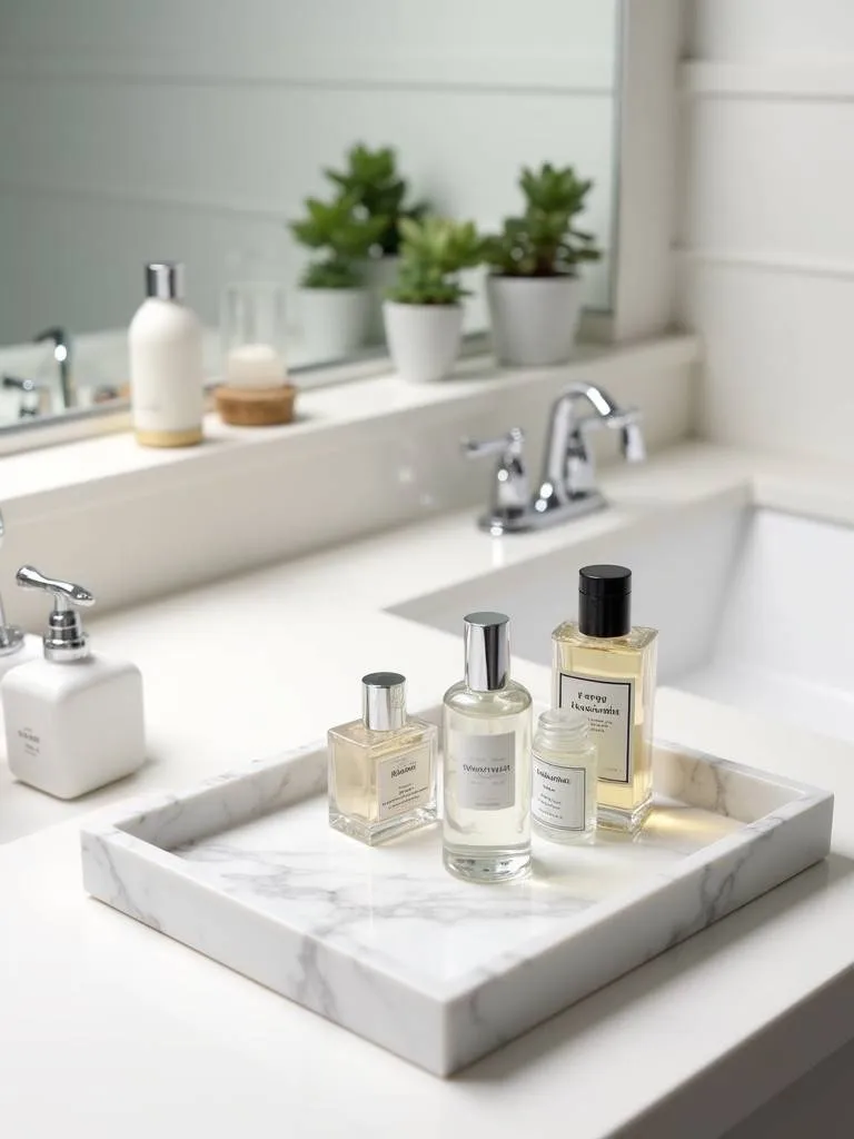 A small marble tray holding perfumes and lotions on a white bathroom counter