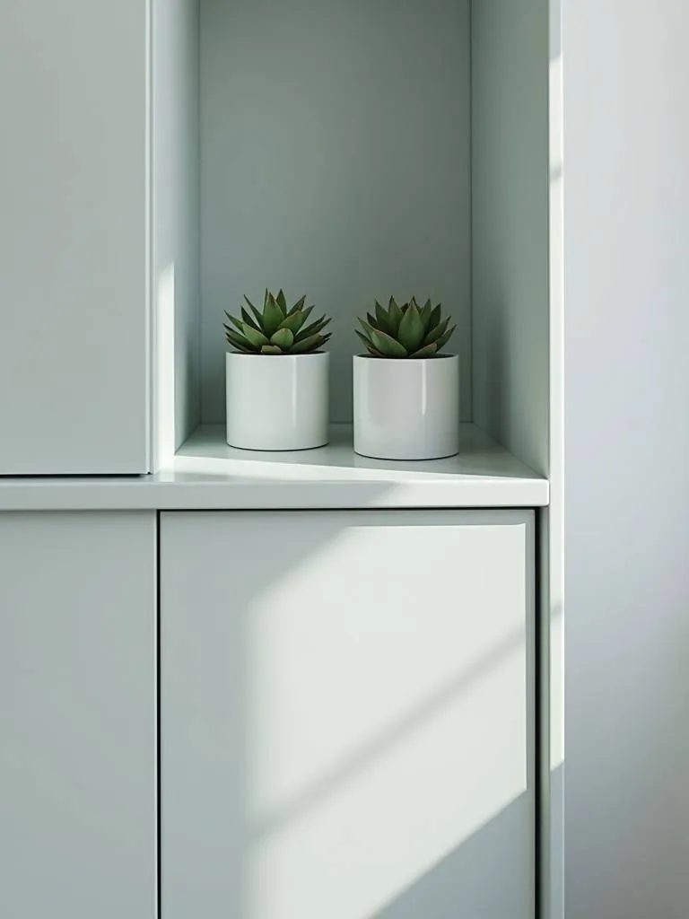 A light grey bathroom cabinet shelf with two small potted succulents