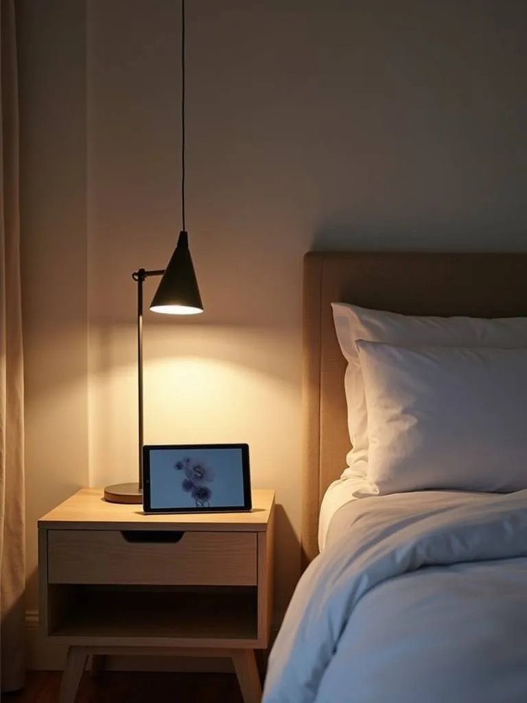 A contemporary bedroom with subtle smart home integration, such as smart lighting and a bedside control panel