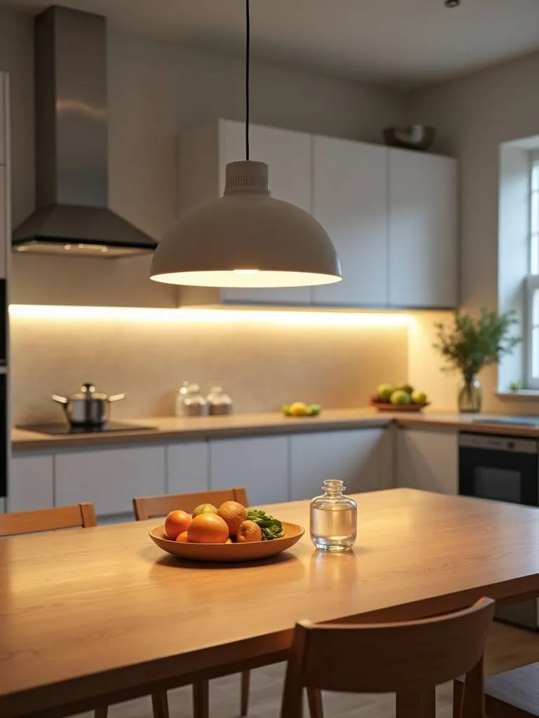 A modern kitchen with smart lighting displaying a warm yellow color over the table.