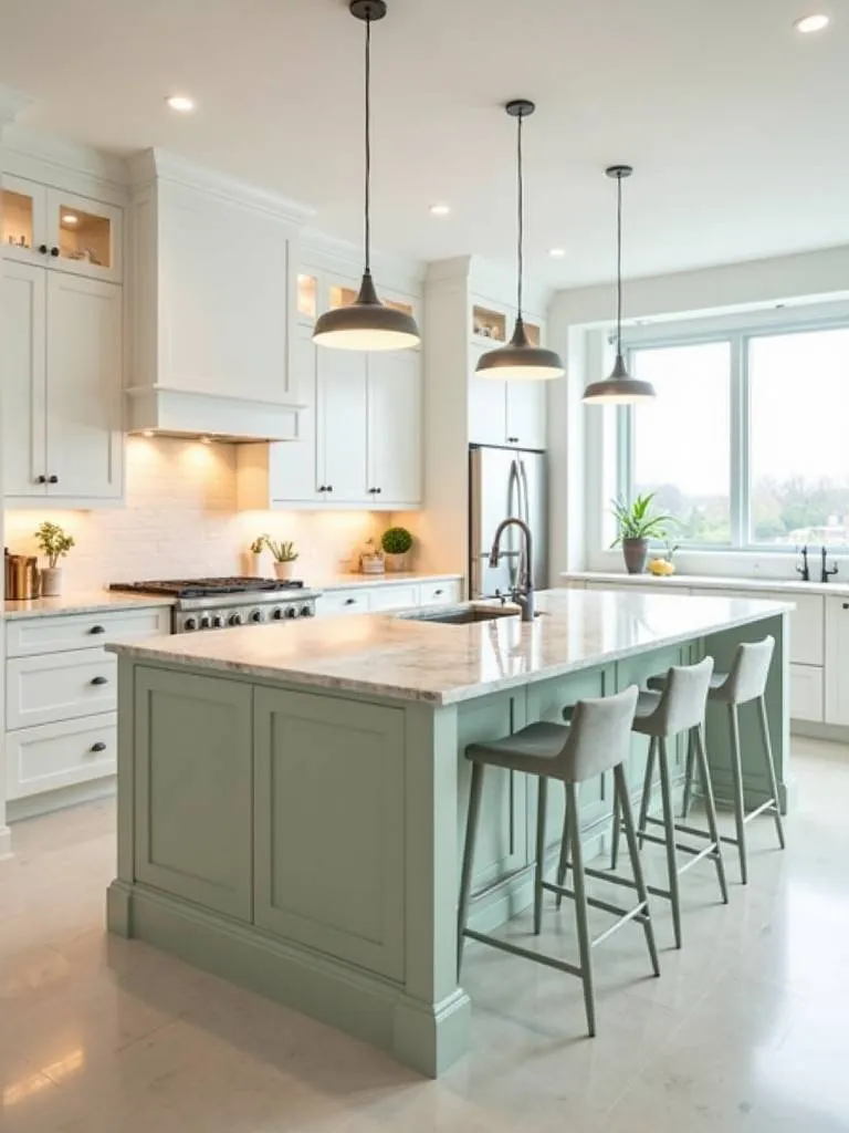 A modern white kitchen featuring a soothing soft sage green island with a light marble countertop