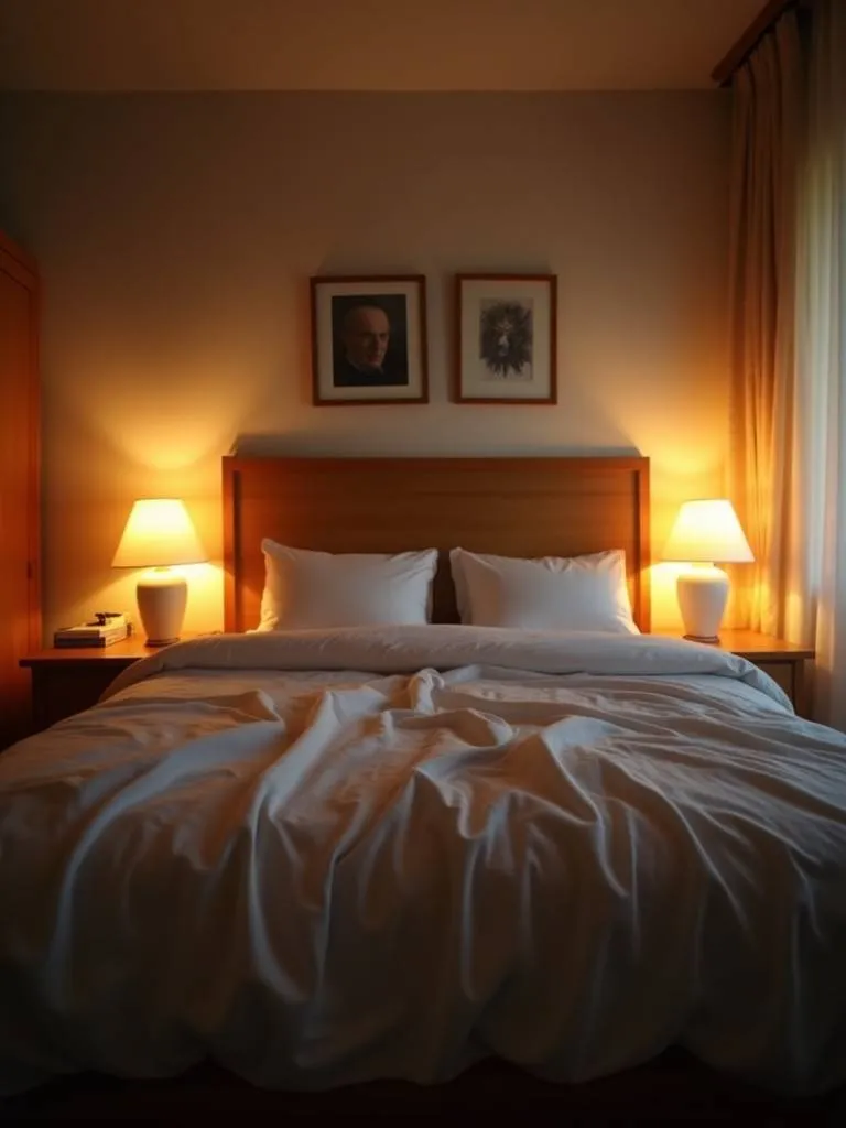 A cozy bedroom illuminated by warm, soft lighting from bedside lamps.