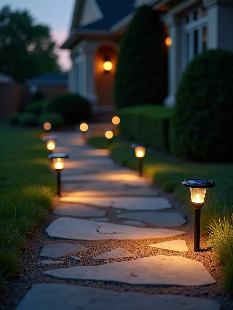 A stone pathway illuminated by solar-powered lights at dusk.