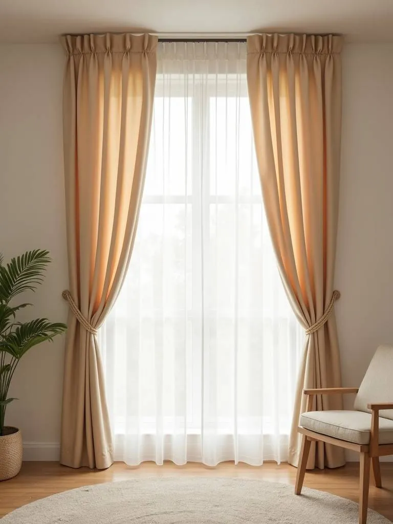 A minimalist living room with solid color curtains filtering natural light.
