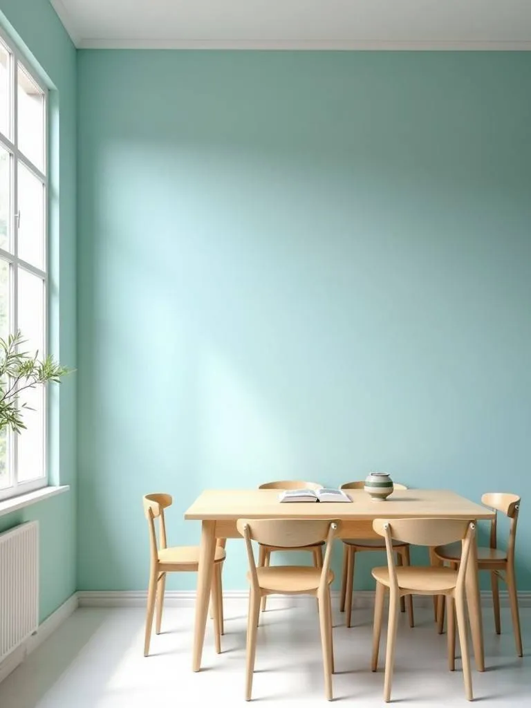 A kitchen with a solid color matte light-blue wallpaper