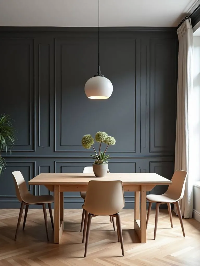 Dining room featuring a sophisticated dark charcoal grey painted accent wall
