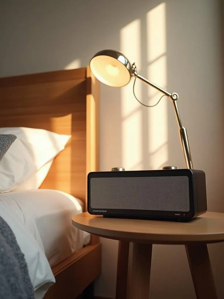 A sound machine on a nightstand to help promote sleep in a bedroom