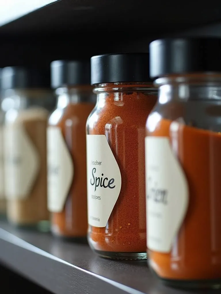 Spice jars with clear labels arranged on a kitchen shelf
