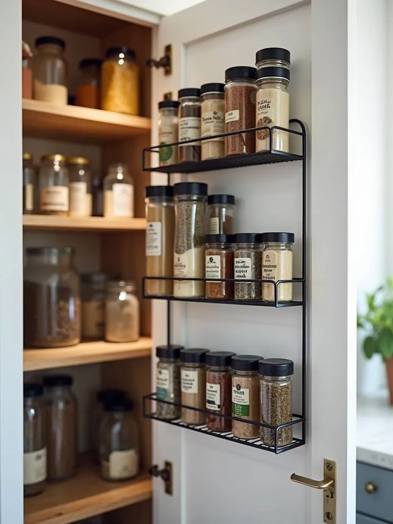 A spice rack on the inside of a pantry door with various spices