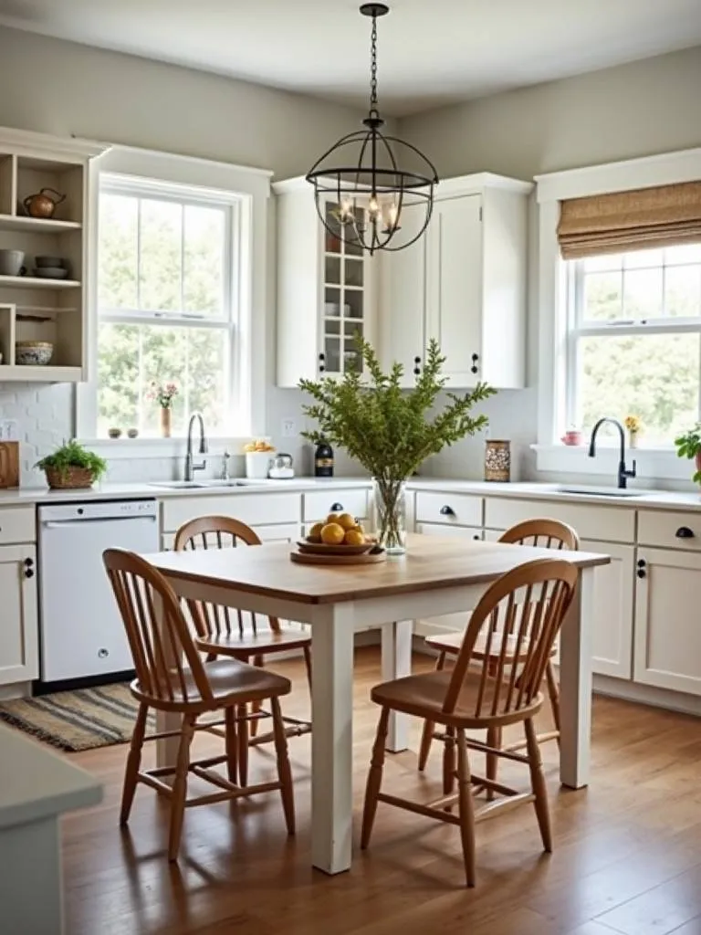 A square farmhouse table designed for small spaces in a cozy, light colored kitchen