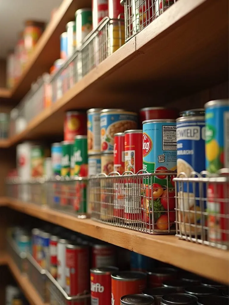 A pantry shelf with wire stackable can organizers filled with canned goods