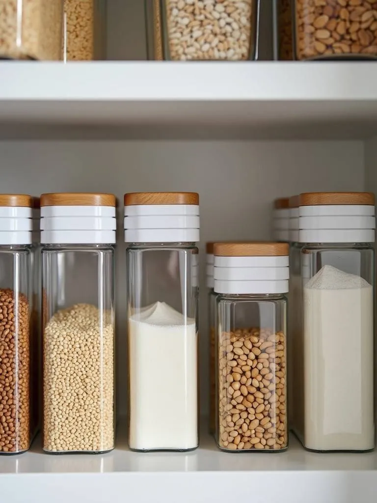 A pantry shelf neatly arranged with stackable storage containers