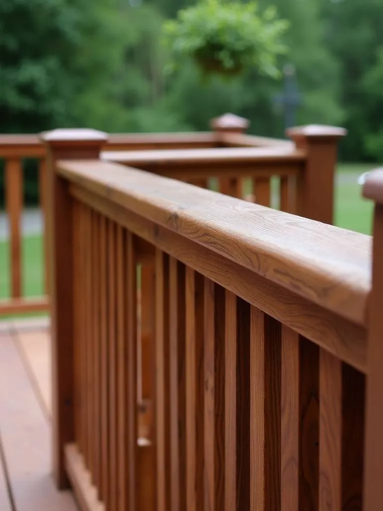 Beautifully stained wood railing that enhances the natural grain, adding character and warmth to the outdoor setting.