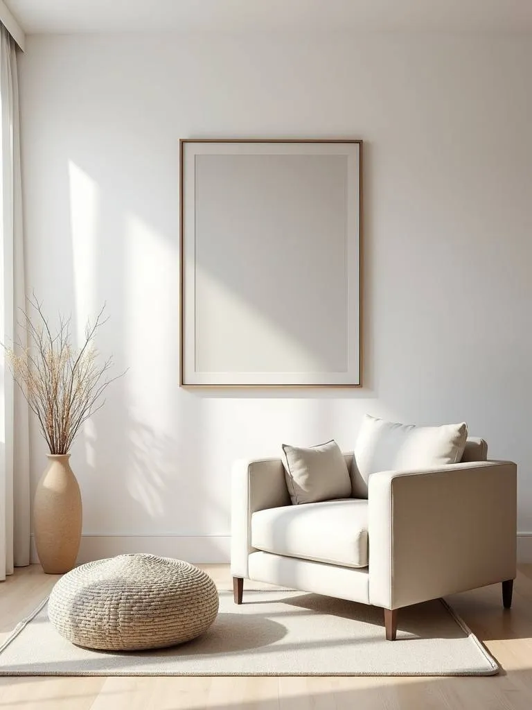 A single statement artwork anchors the minimalist living room design.