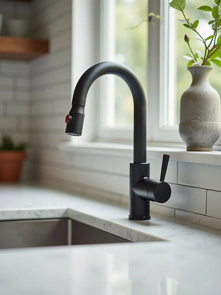 A unique statement faucet adding a modern touch to the kitchen sink and counter.