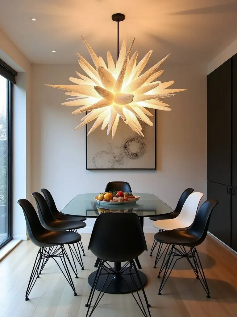 Dining room with a large abstract sculptural statement lighting fixture as art