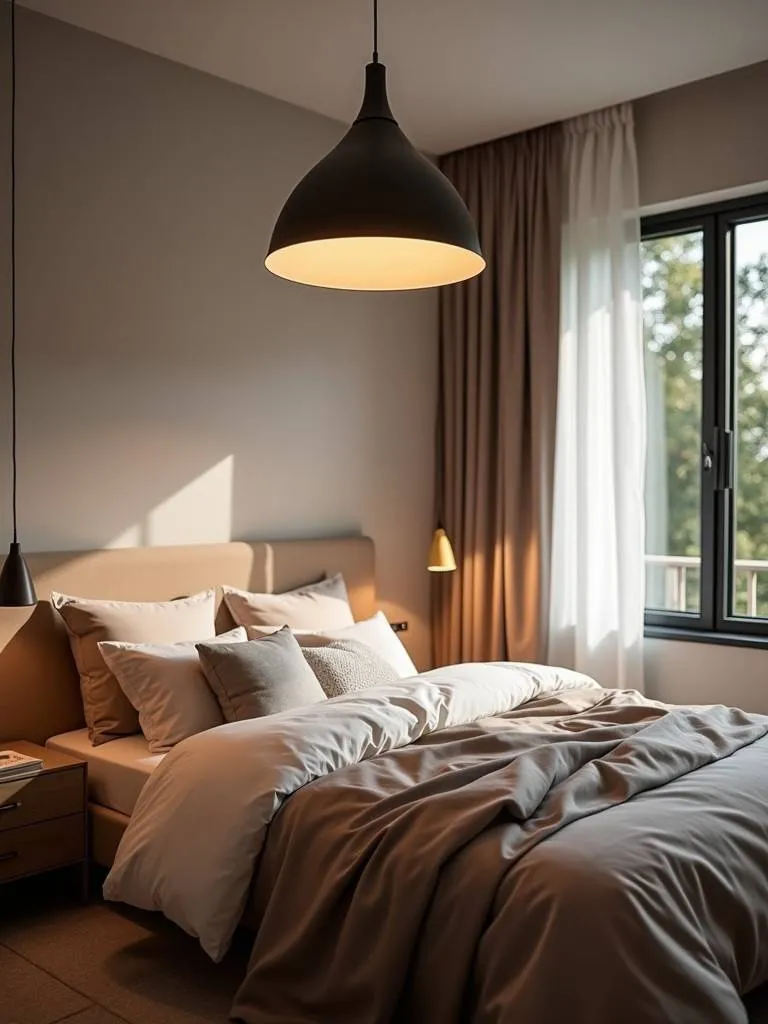 A modern bedroom showcasing a prominent statement pendant light fixture, creating a focal point in the room