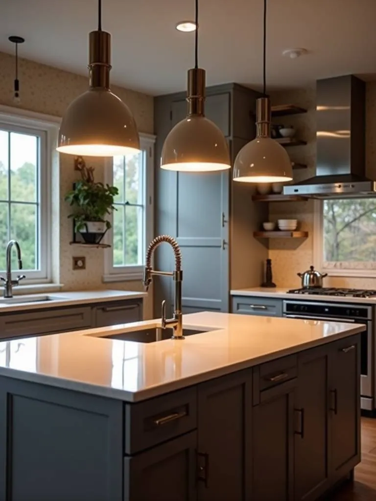 A modern kitchen island featuring three stylish pendant lights.