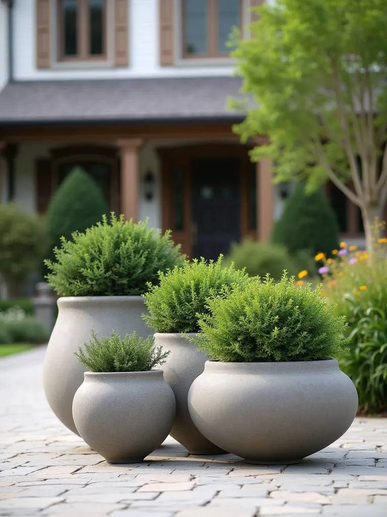 A collection of statement-making planters arranged in front of a house.
