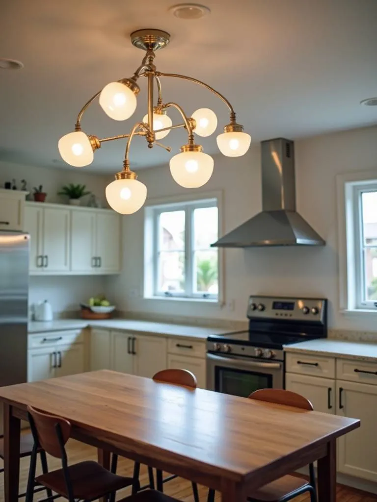 A contemporary kitchen featuring a dramatic, multi-light pendant over the table.