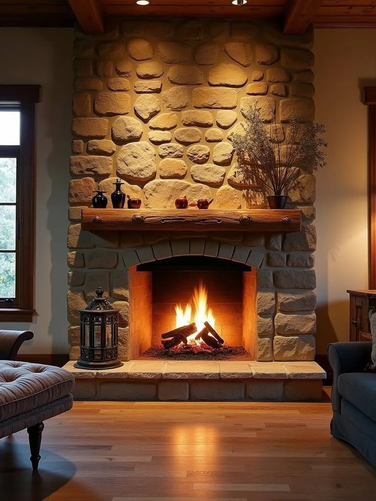 A rustic living room with a prominent stone fireplace surround.