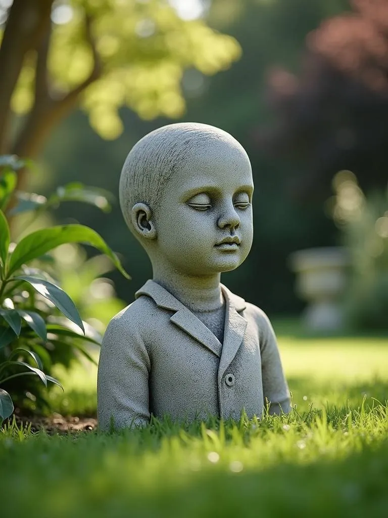 A stone sculpture placed in a lush garden.