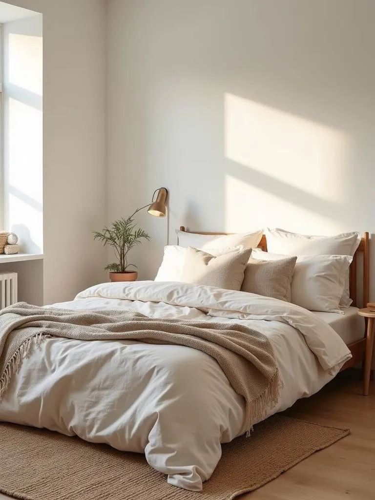 Well-lit small bedroom utilizing a variety of textiles in the decor to create depth.