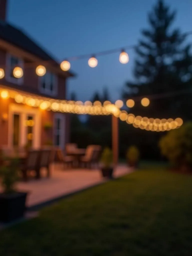 A front yard with string lights illuminating a patio at dusk.