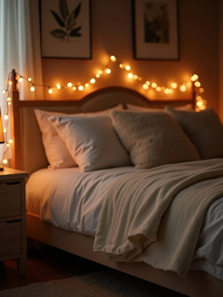 String lights providing a warm and cozy ambiance in a bedroom.