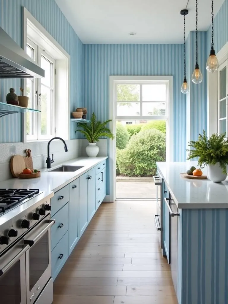 A kitchen with blue and white striped wallpaper walls