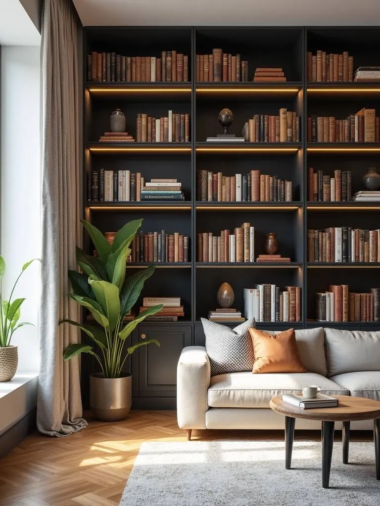 A living room featuring styled bookshelves with various sized books and decoratives.
