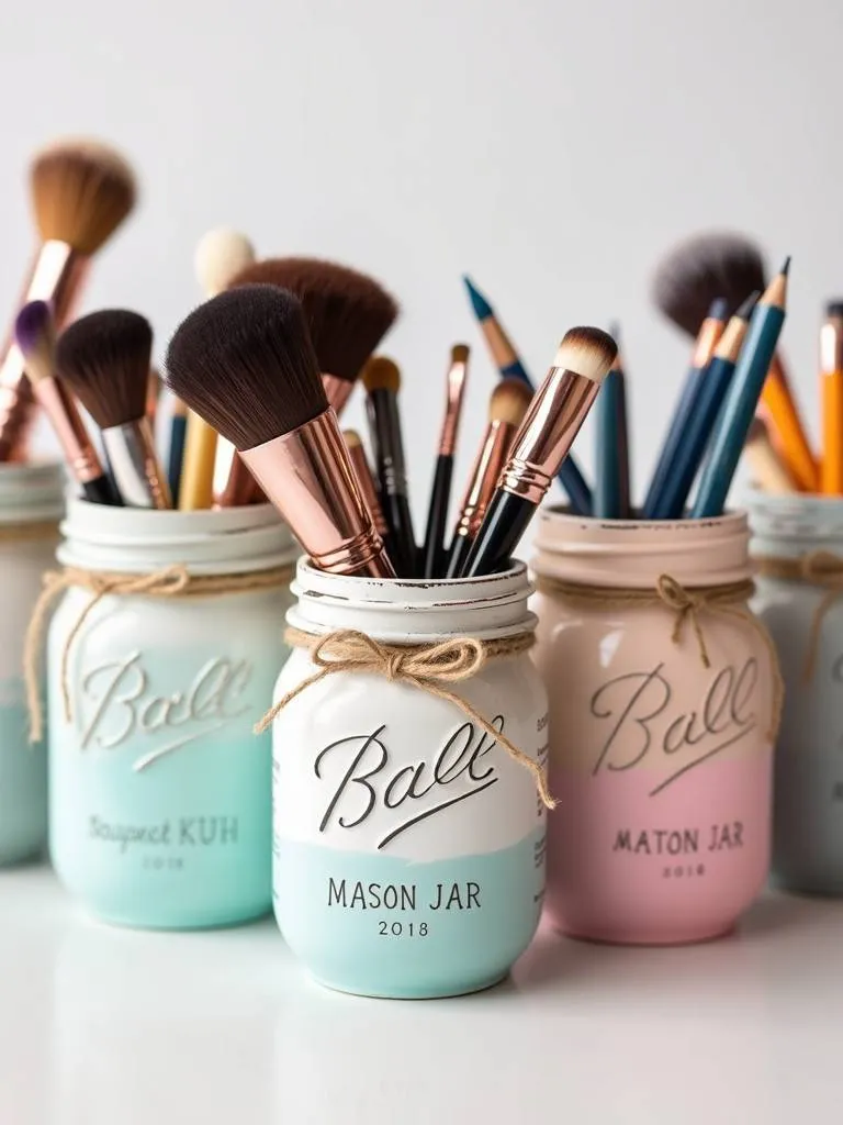 A close-up of repurposed mason jars used as organizers for makeup brushes and desk supplies, decorated with paint and twine