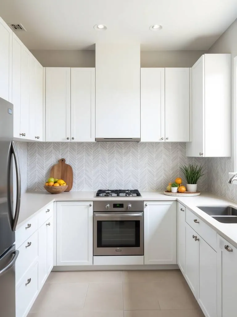 A kitchen with white cabinets and a subtle patterned tile backsplash