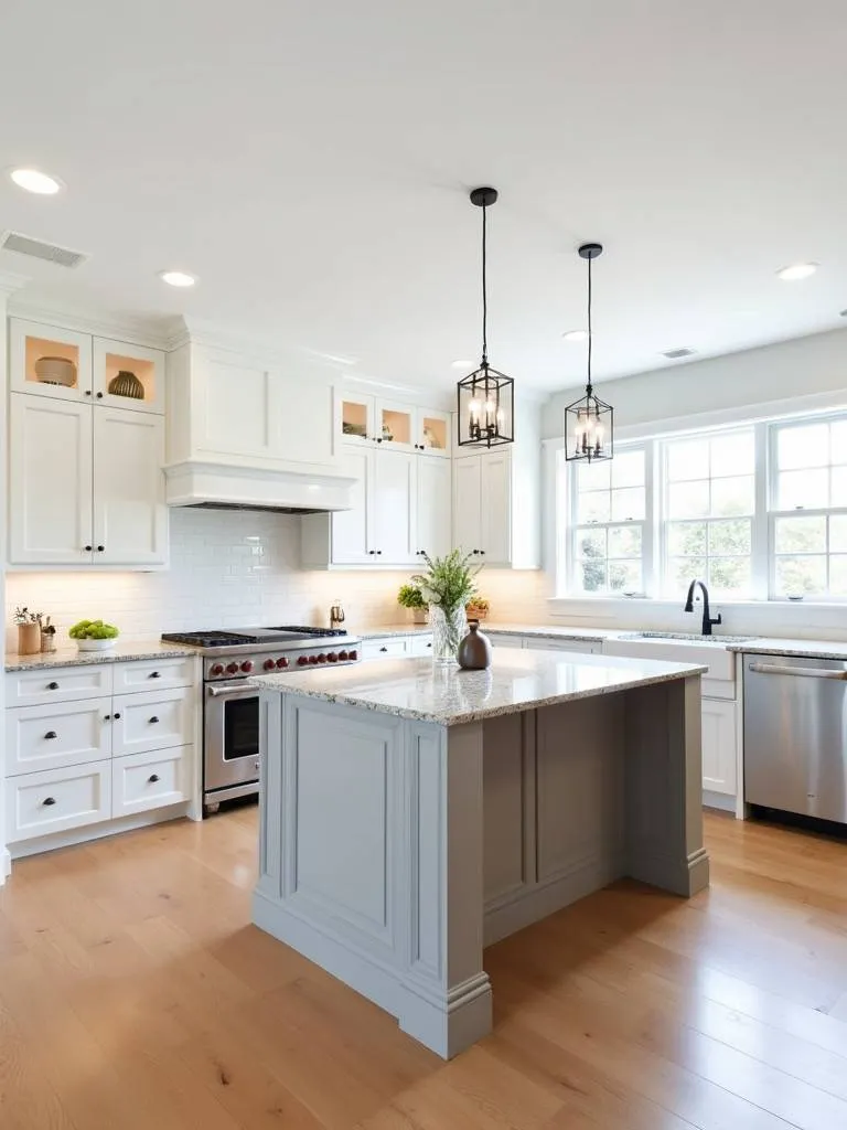 A transitional white kitchen with a refined subtle taupe island and a light-colored granite countertop