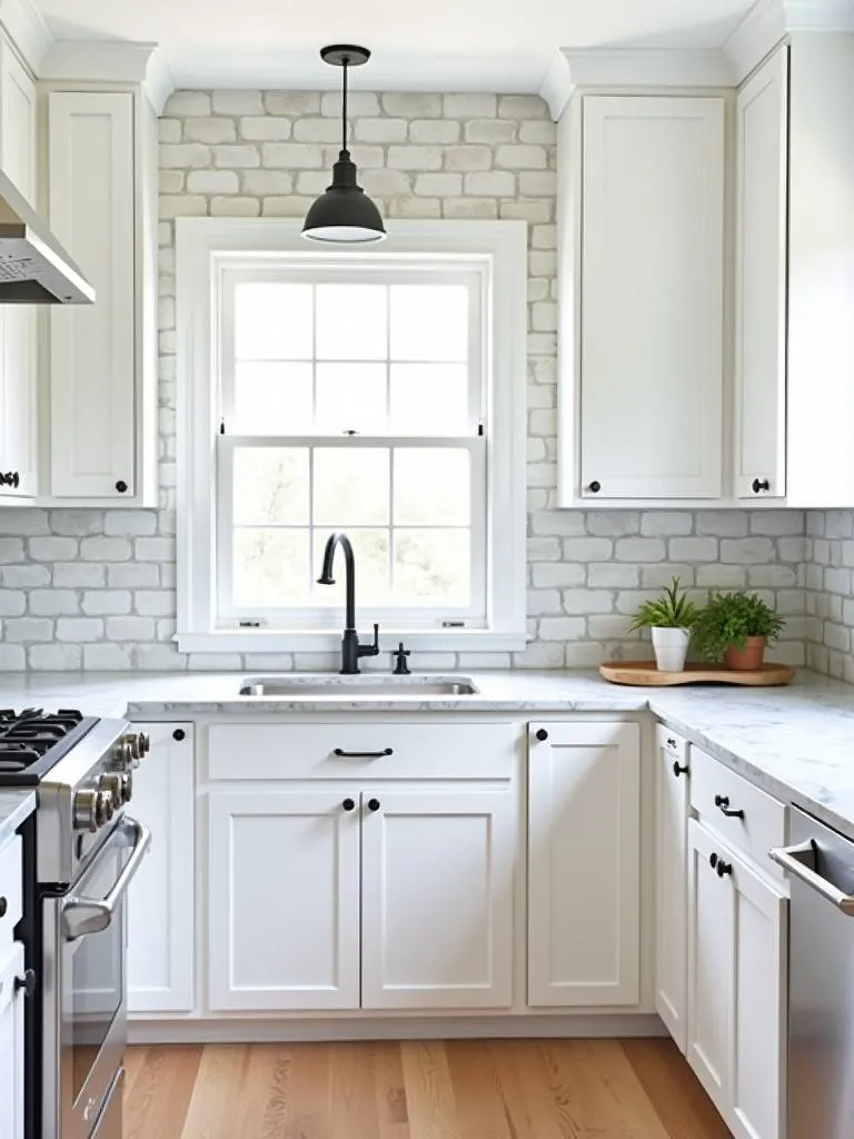 A kitchen scene featuring subway tile effect wallpaper