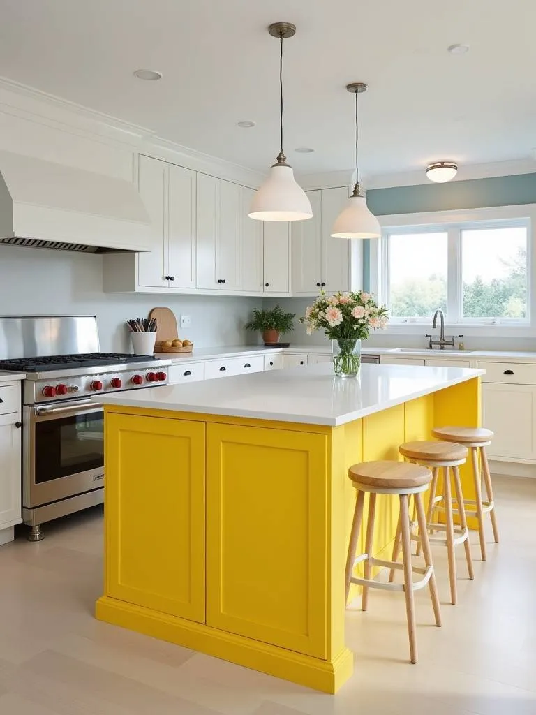 A vibrant white kitchen with a cheerful sunny yellow island, complemented by a white quartz countertop