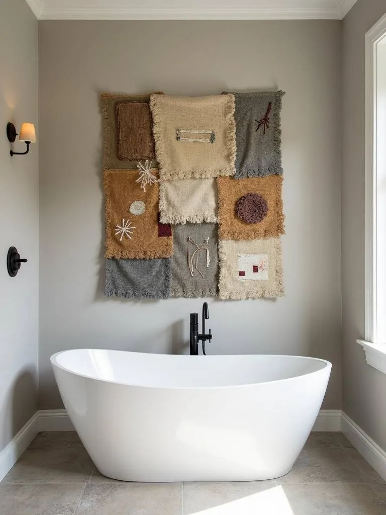 An eclectic bathroom with textured fabric wall art above a white bathtub.