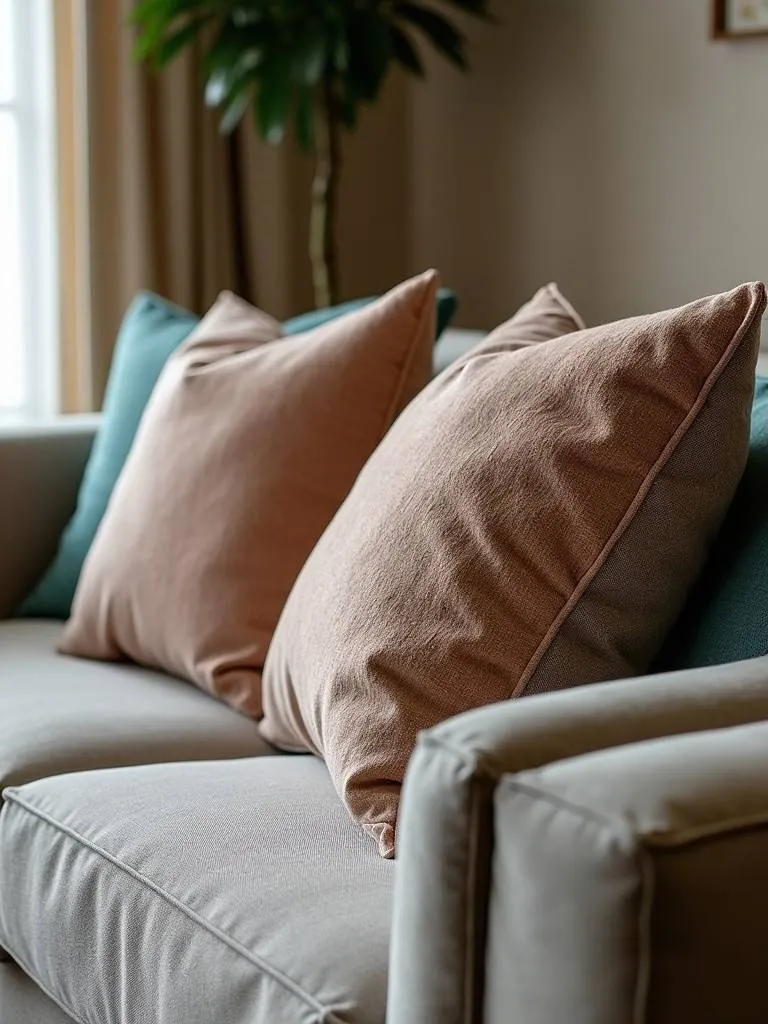 A living room sofa featuring a variety of textured fabrics on pillows and cushions.