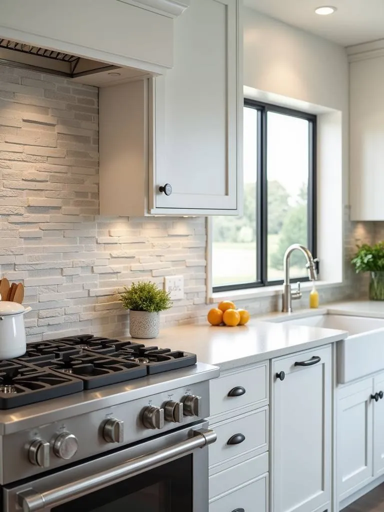A kitchen with white cabinets and a textured stone backsplash
