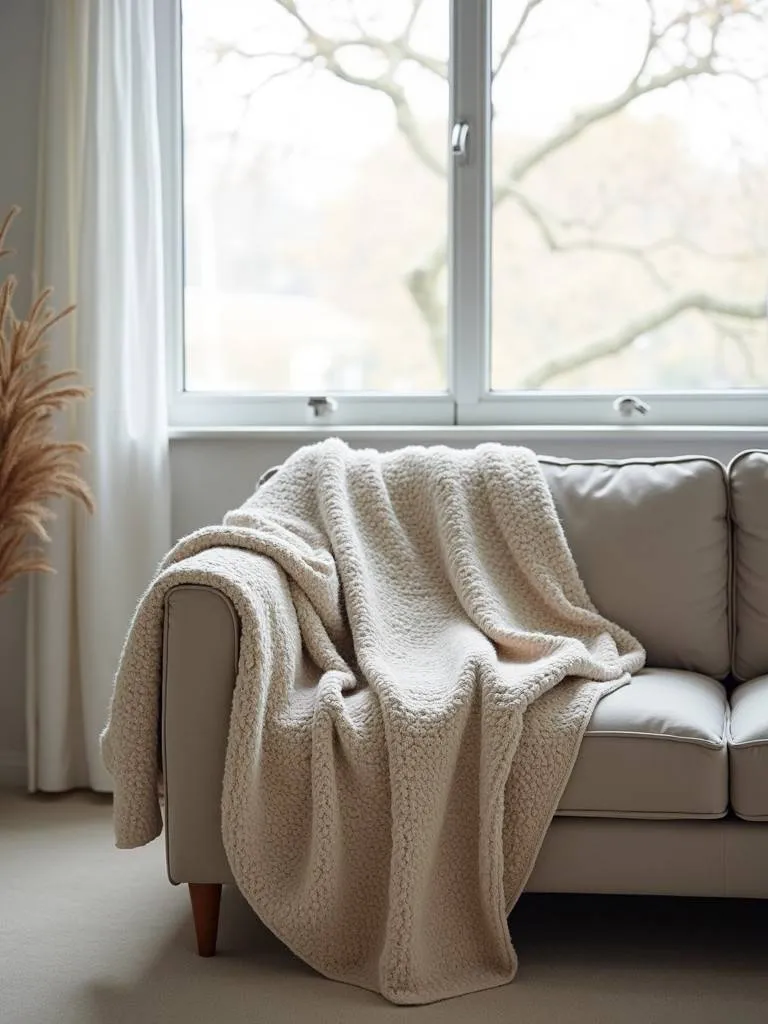 A textured throw blanket adds warmth and style to a minimalist living room.