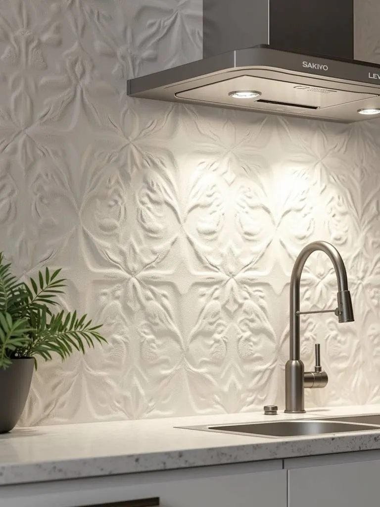 A close up of a textured kitchen wallpaper wall