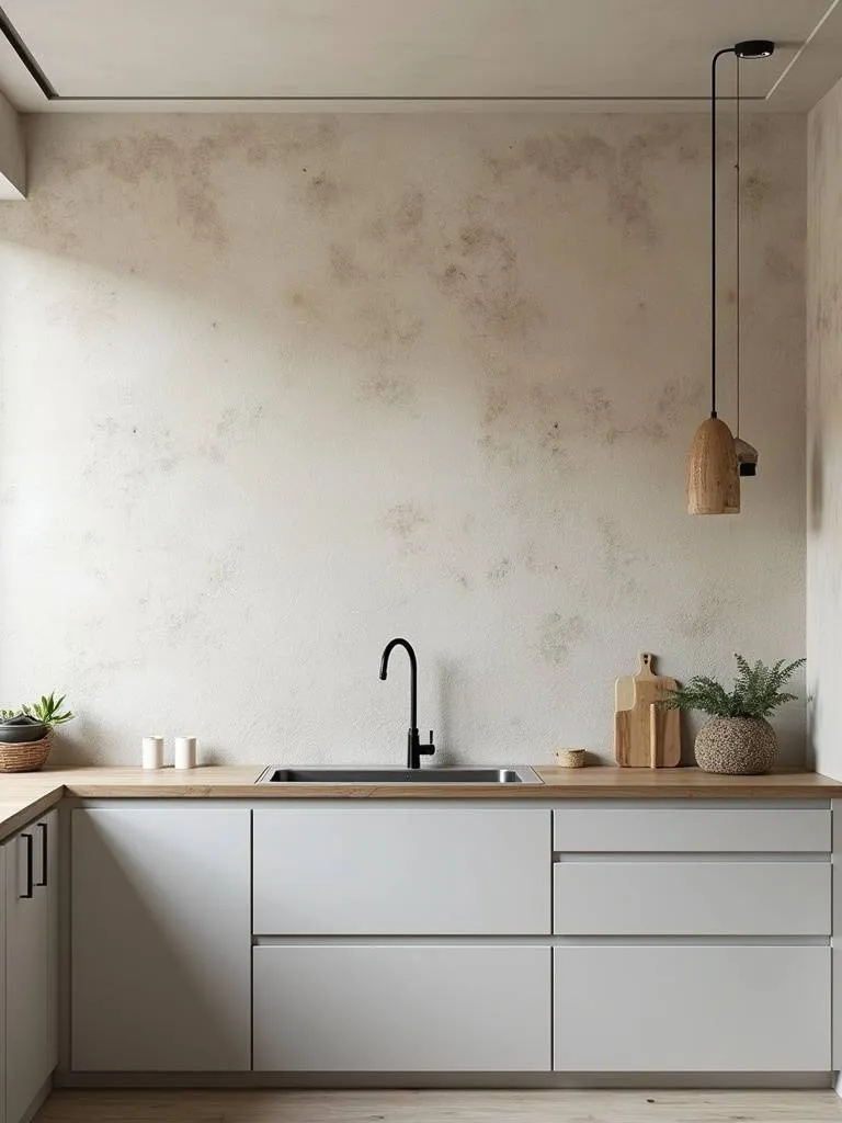 A modern kitchen with a textured accent wall to provide visual interest.