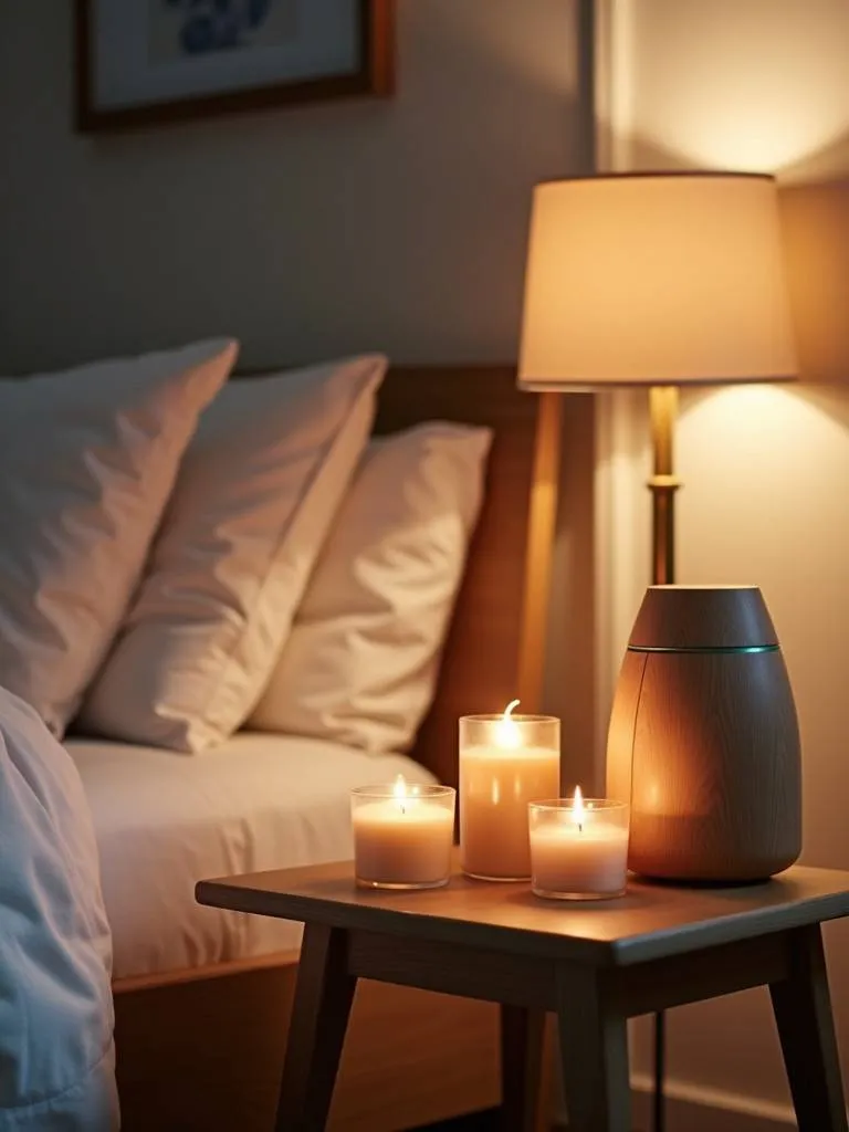 A cozy bedroom with scented candles and a diffuser creating an aromatic ambiance