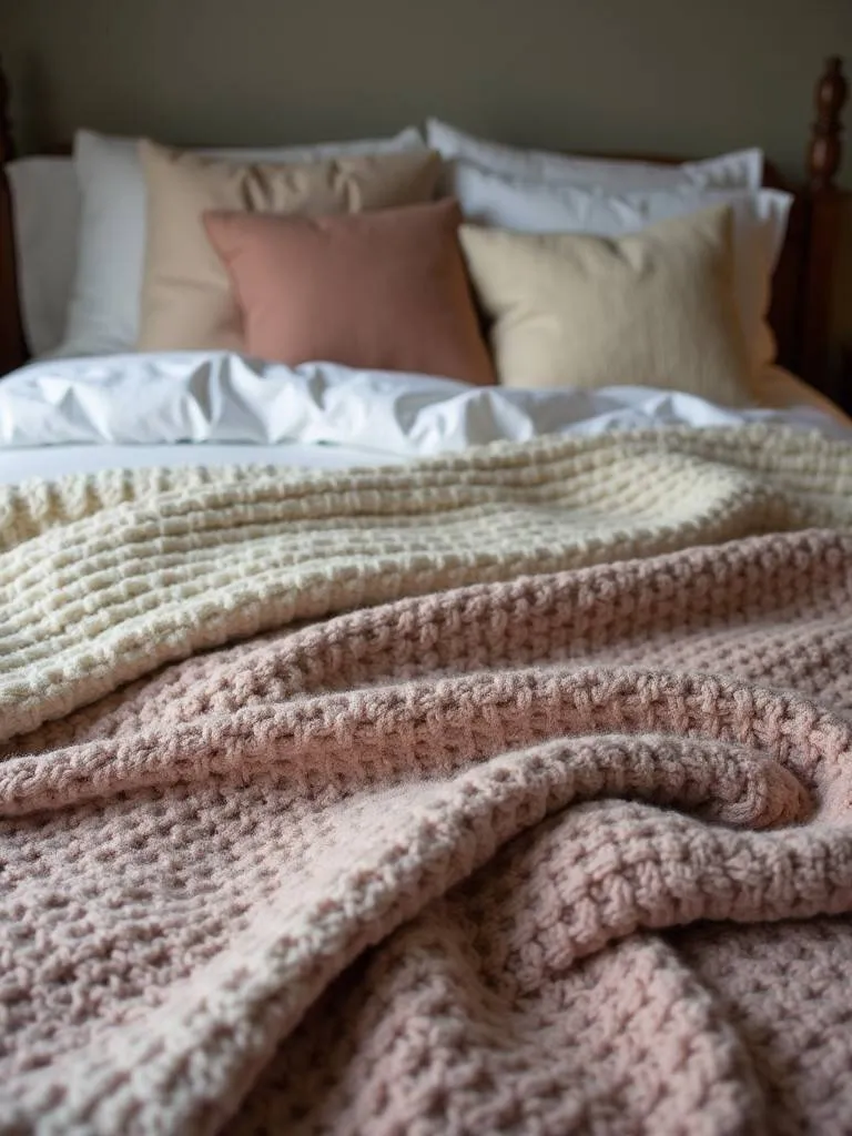 A bohemian chic bedroom with a bed featuring various layers of blankets and pillows