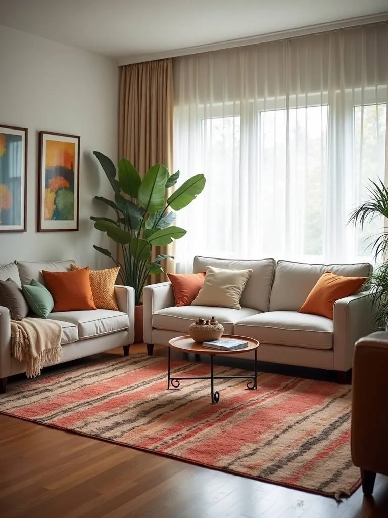 A living room featuring a statement geometric rug, a sofa, and a coffee table, illuminated by soft natural light