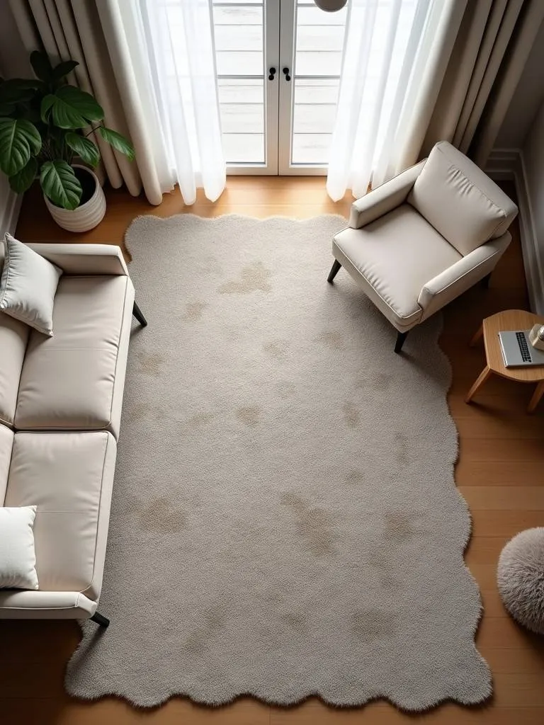 A Scandinavian minimalist bedroom with a large area rug anchoring the furniture