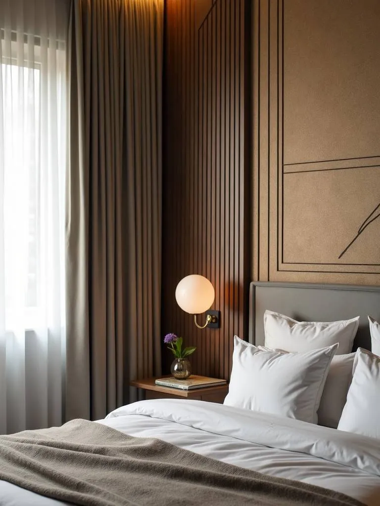 An art deco bedroom featuring a geometric patterned accent wall