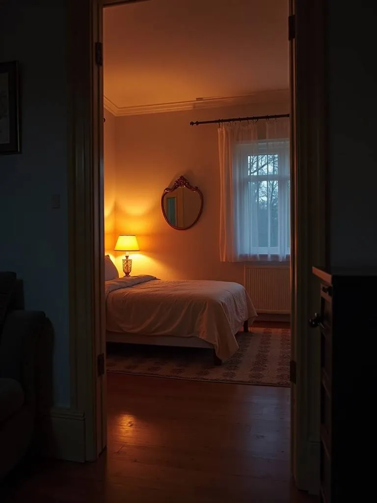 A moody bedroom at dusk with soft ambient lighting