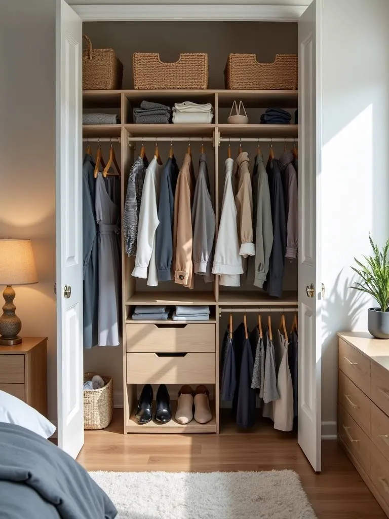 A highly organized and functional bedroom closet featuring a rotating organizer