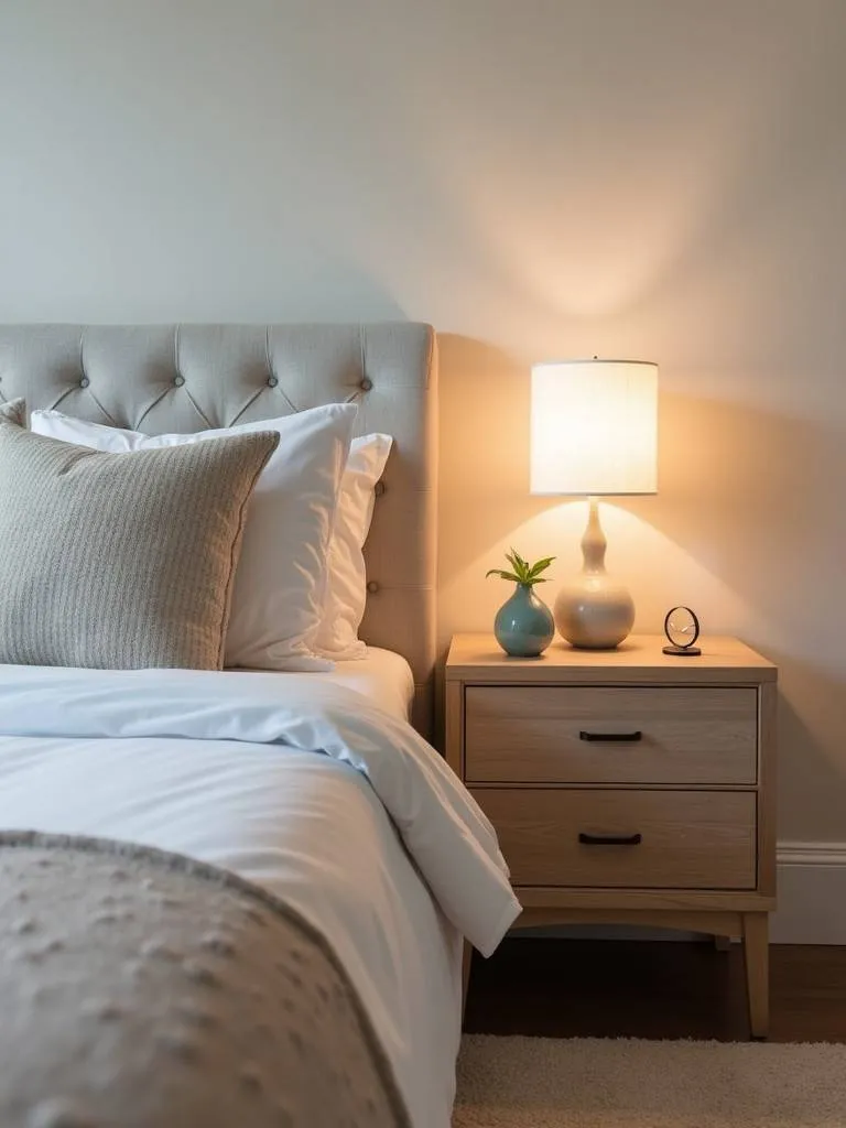 A modern bedroom with matching nightstands and lamps